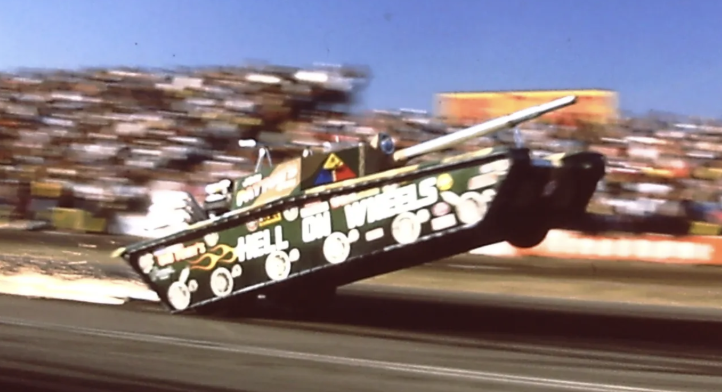 Hell On Wheels tank performing a wheelstand