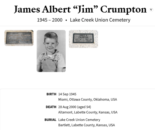 James Albert Jim Crumpton memorial, 1945–2000