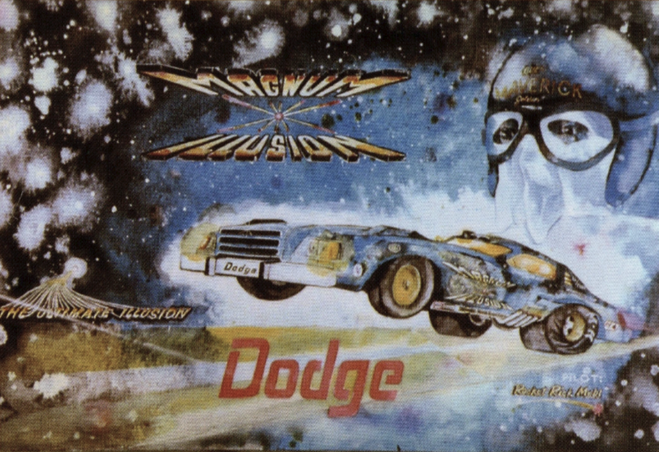 Color Magnum Illusion promotional artwork with a wheelstanding Dodge, helmeted driver portrait, and Rocket Rick Mehl lettering.
