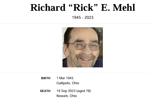 Richard Rick E. Mehl memorial, 1945–2023